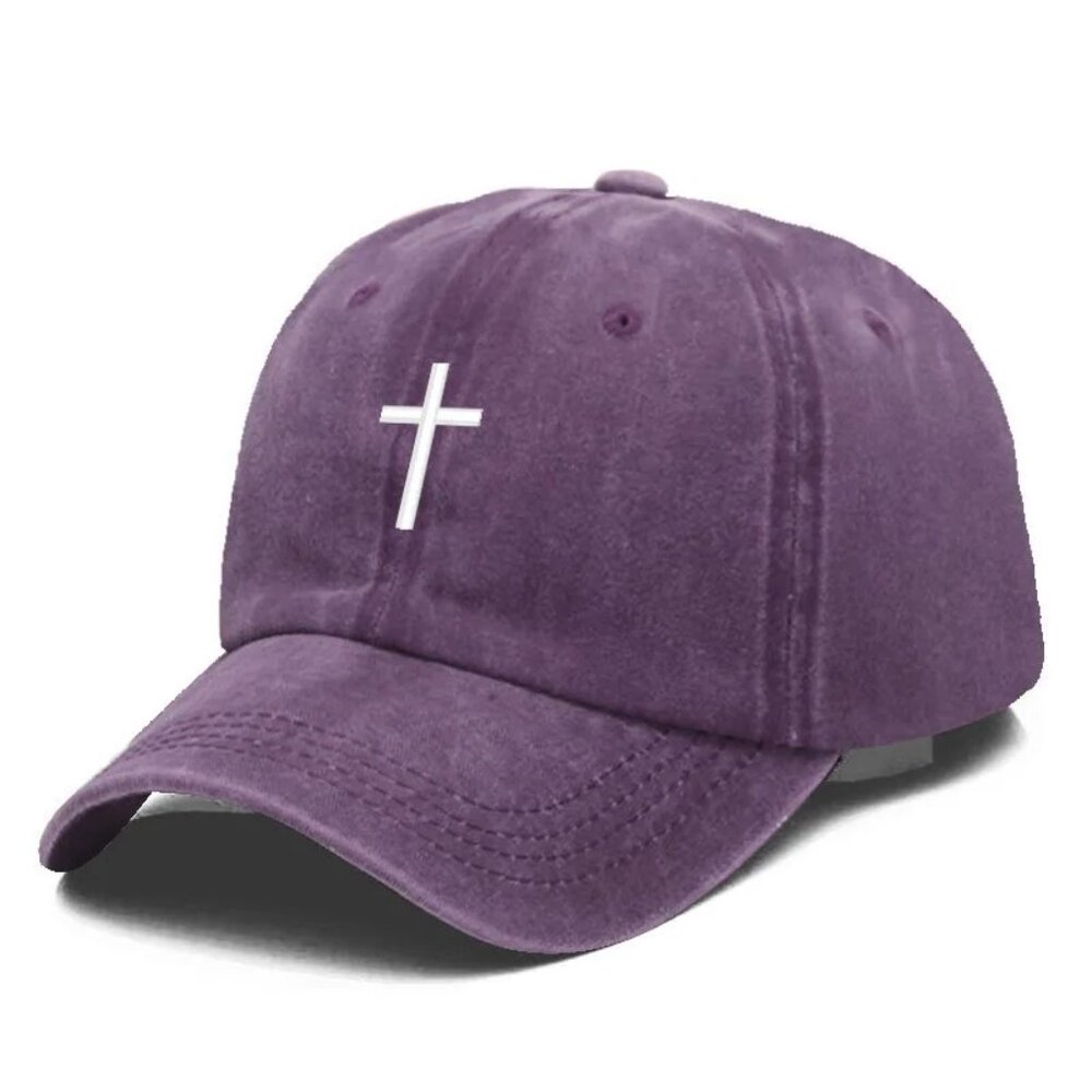Purple Cross Embroidered Christian Baseball Cap, Washed,‎ Adjustable Hat, Jesus